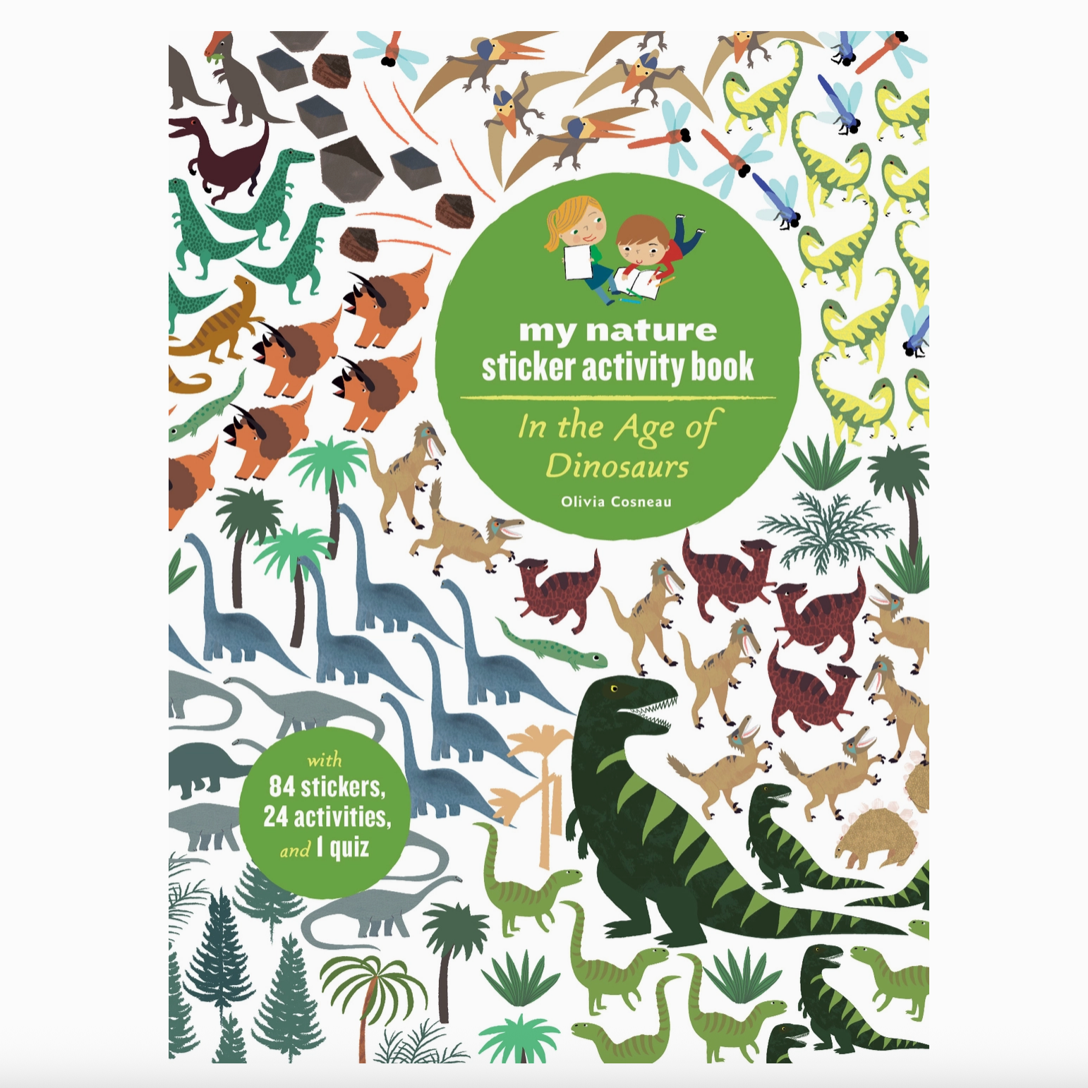 Sticker activity book cover with dinosaur illustrations and text on a white background - Little-ish