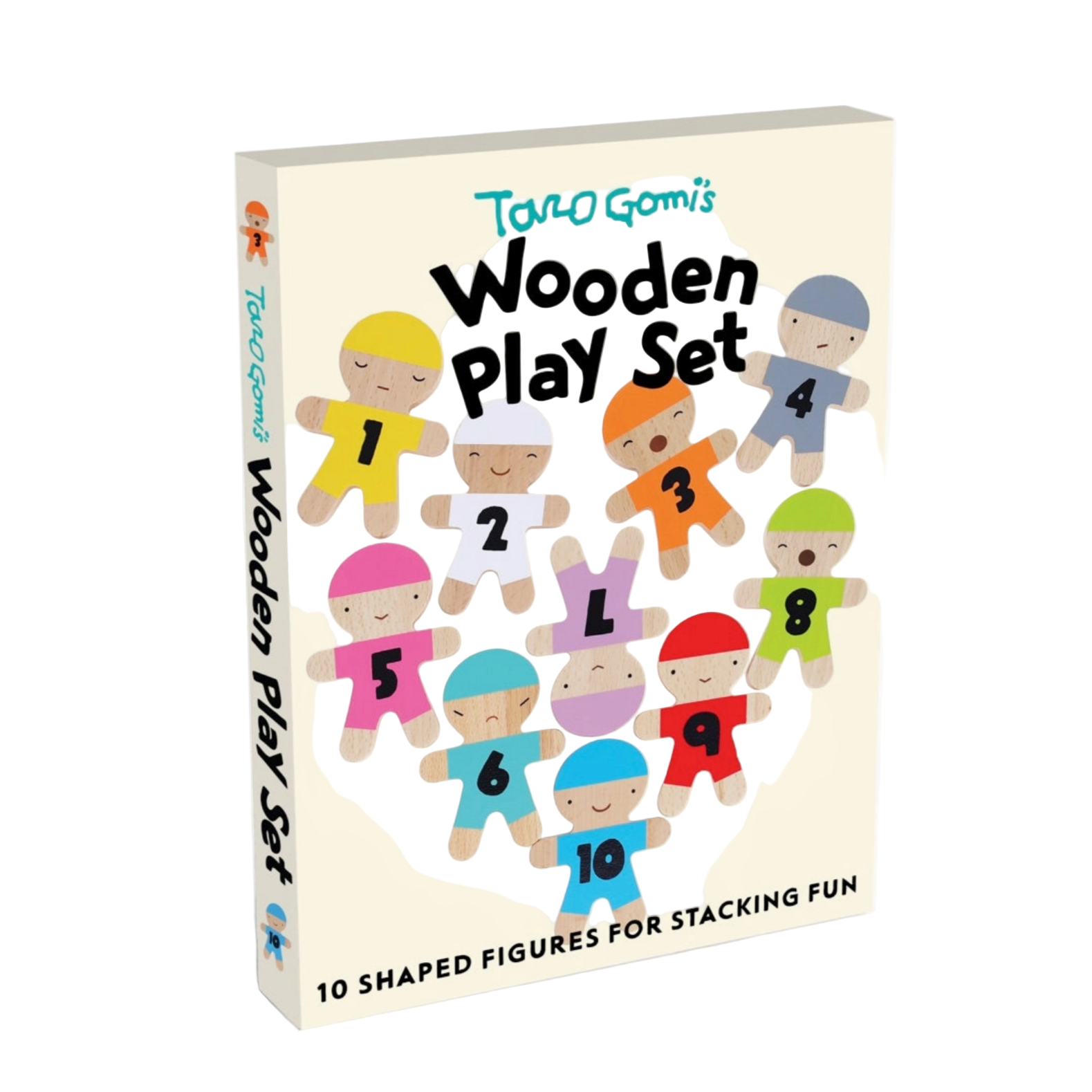 Box of Taro Gomi's Wooden Play Set with colorful figures on a beige background - Little-ish