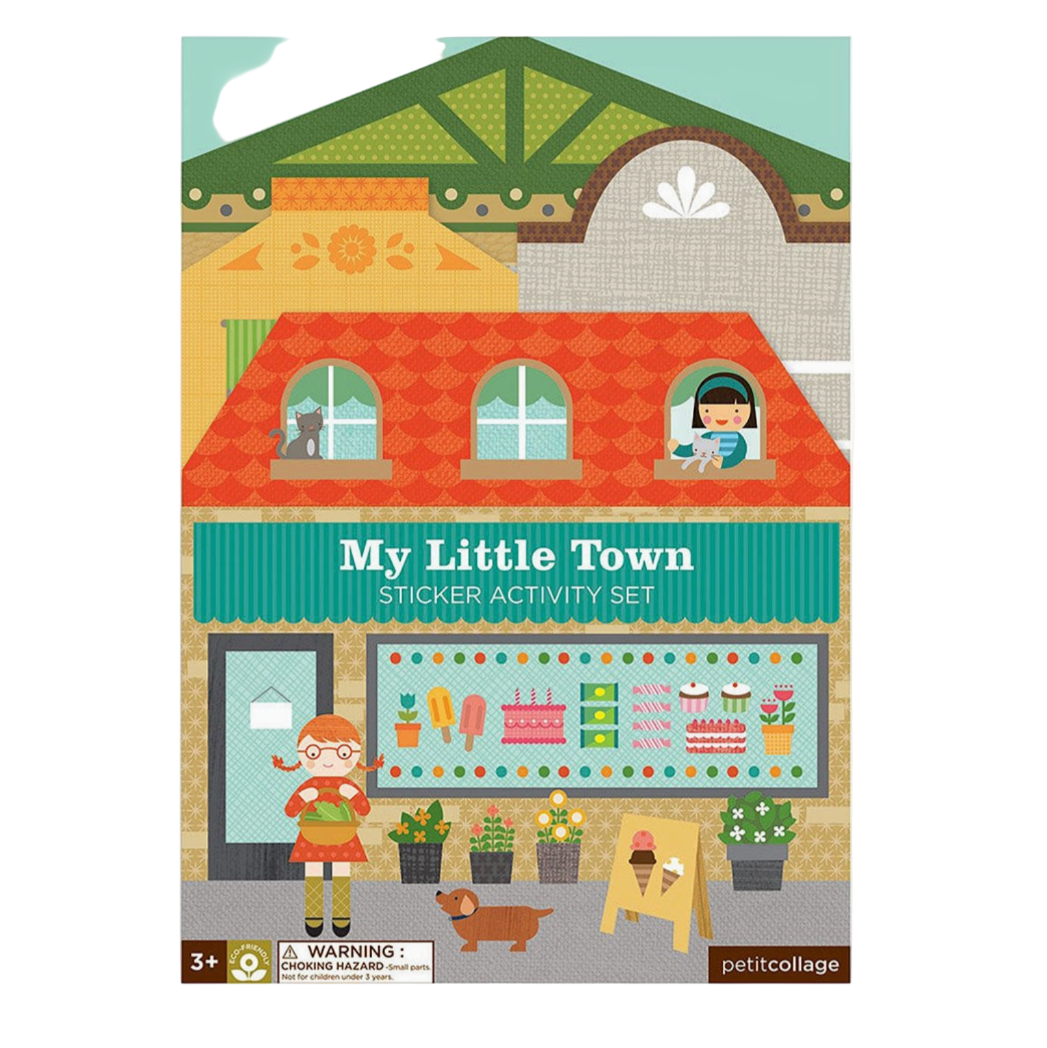 Cover of 'My Little Town' sticker activity set by petitcollage with colorful illustration of a town scene.