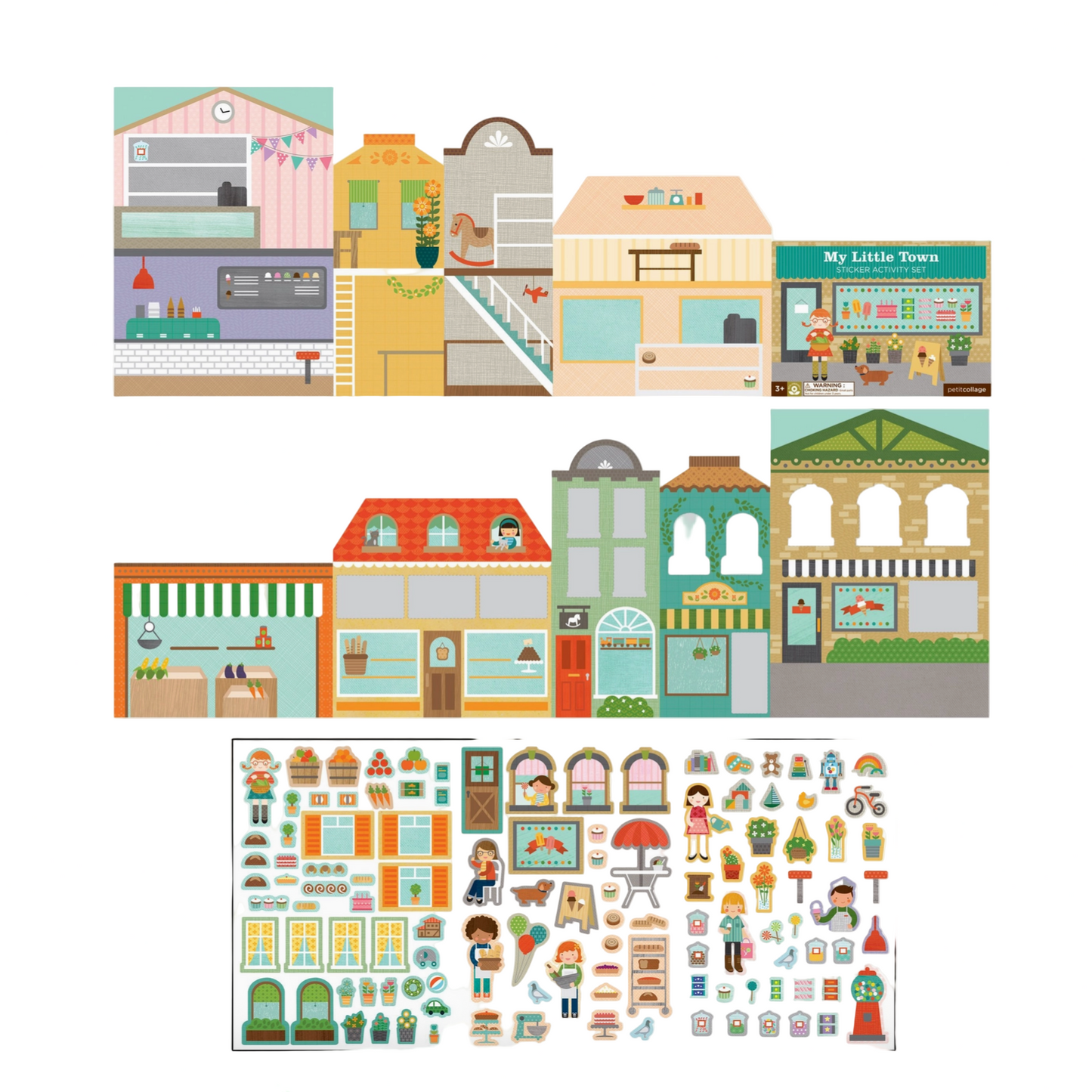 Collection of colorful illustrated buildings and street scenes on a white background