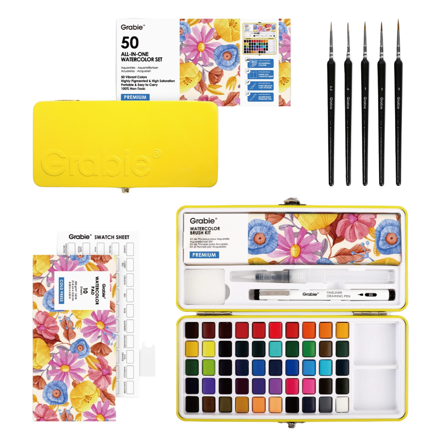 Art supply set with watercolor paints, brushes, and swatch sheets on a white background - Little-ish