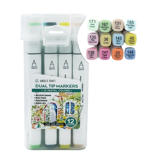 Pack of dual tip markers with color swatches on a white background