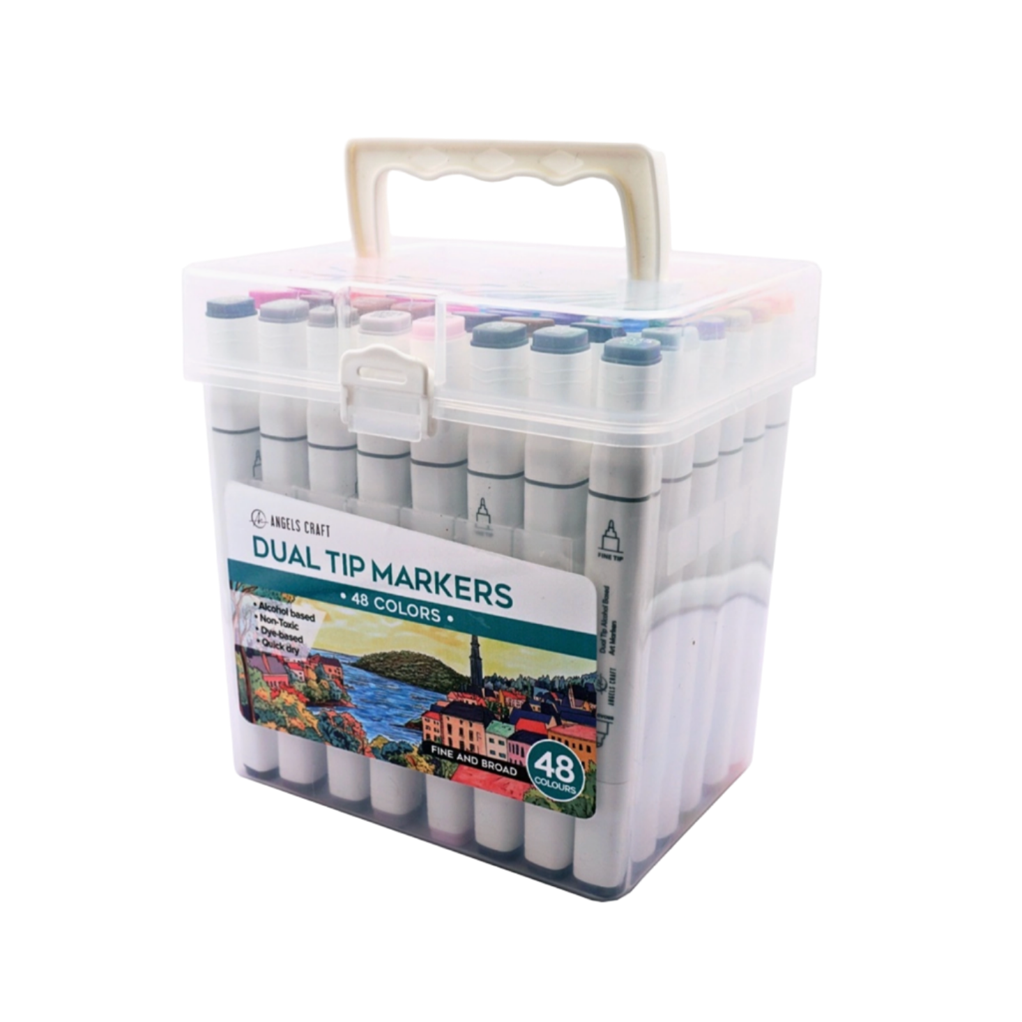 Set of dual tip markers in a clear plastic case on a white background - Little-ish