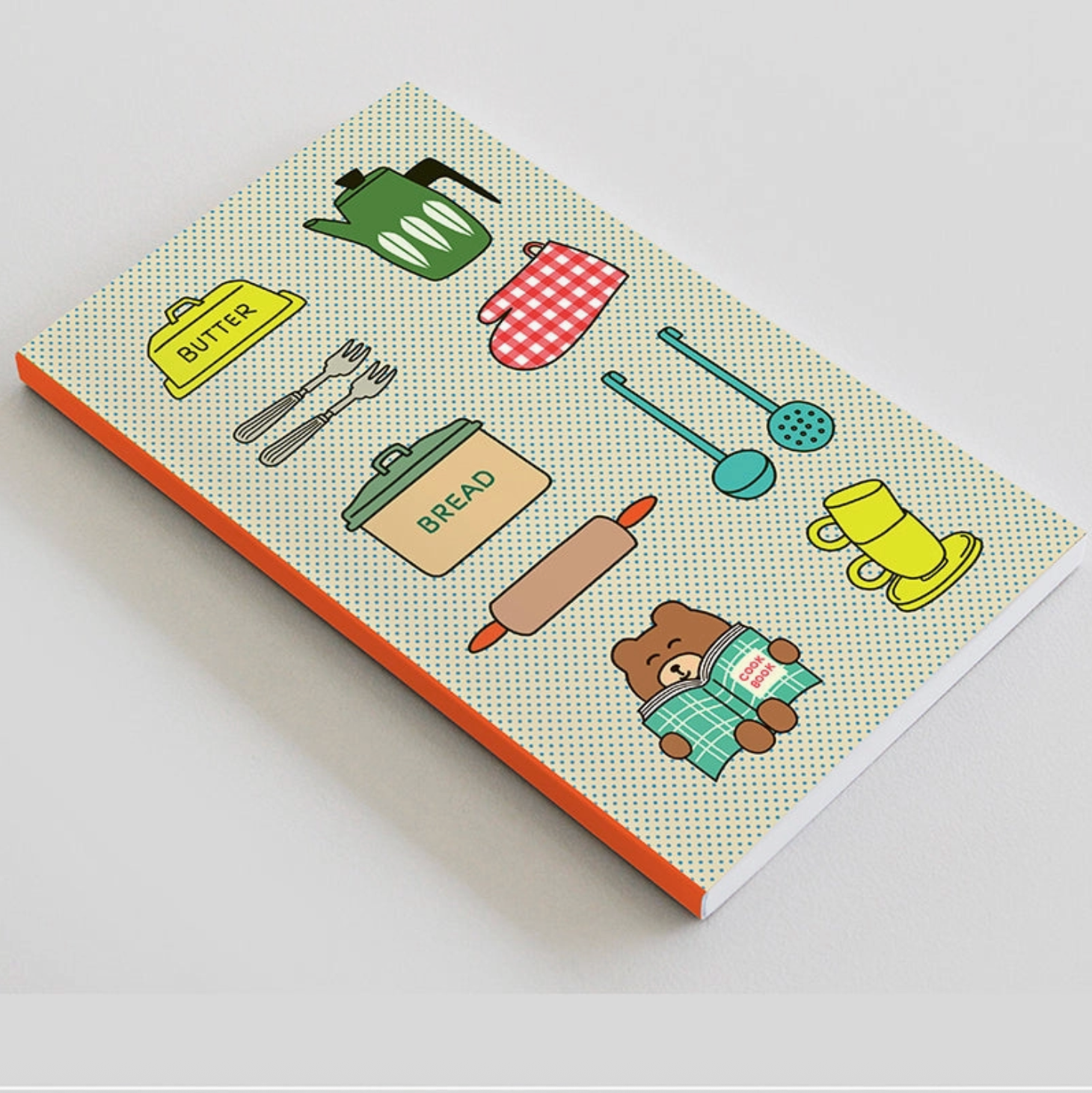 Notebook with cartoon illustrations of kitchen items and a bear on a light gray background - Little-ish