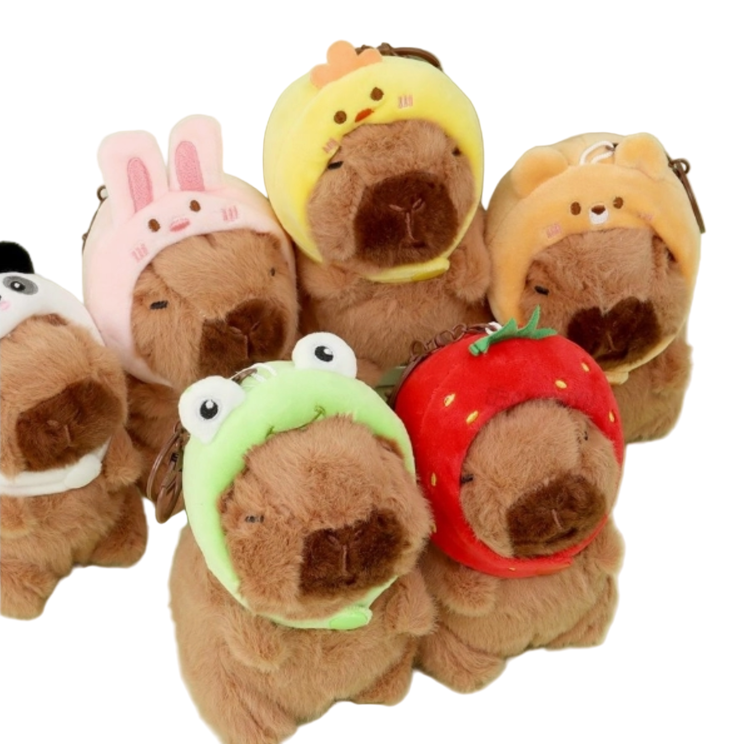 Set of small brown plush toys with various animal-themed hats on a light green background - Little-ish
