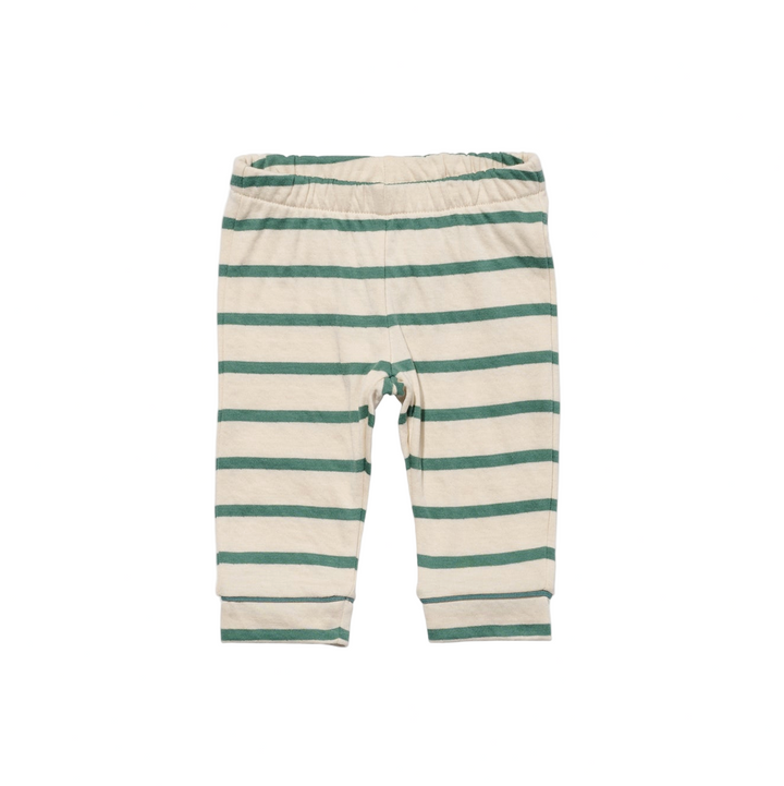Striped baby leggings with a white tag on a white background
