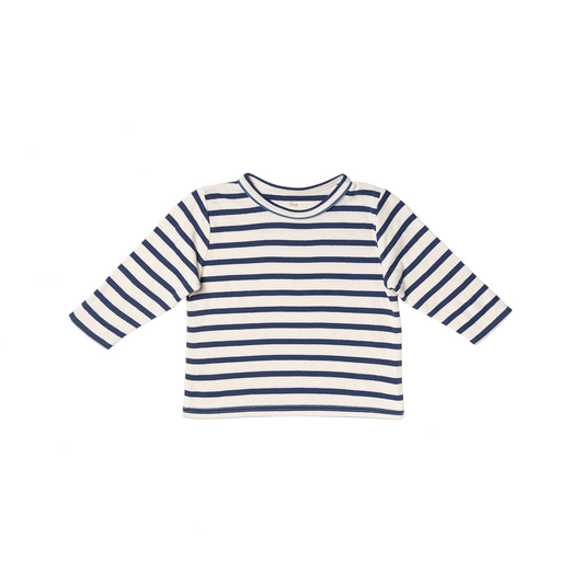 Navy and white striped long-sleeve shirt on a light beige background