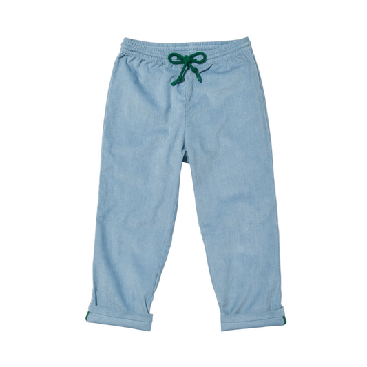 Light blue sweatpants with a green drawstring on a white background