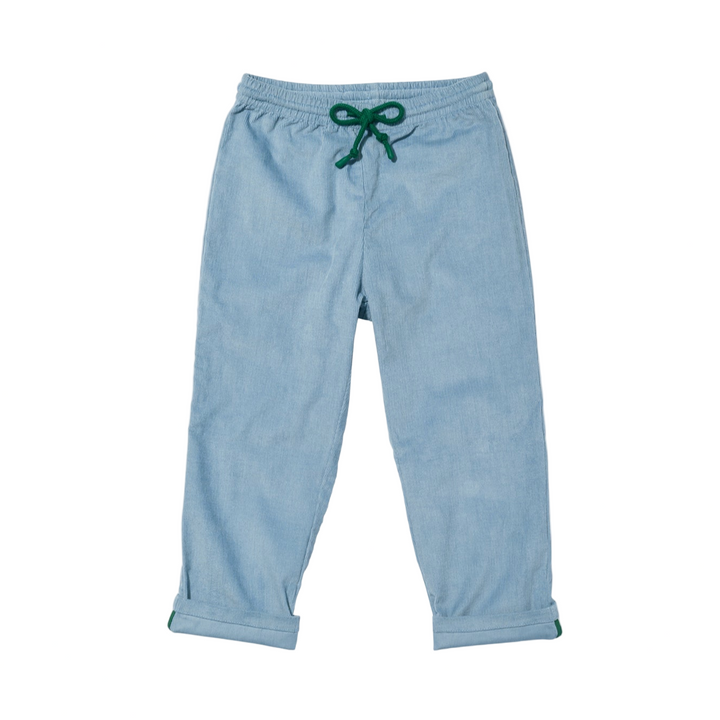 Light blue sweatpants with a green drawstring on a white background