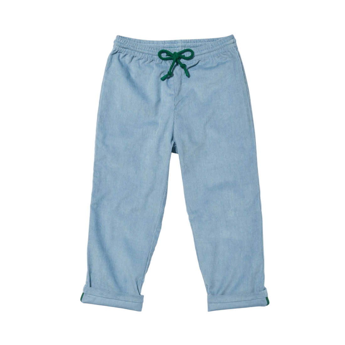 Light blue sweatpants with a green drawstring on a white background - Little-ish