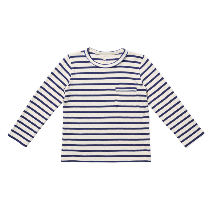 Navy and white striped long-sleeve shirt on a white background