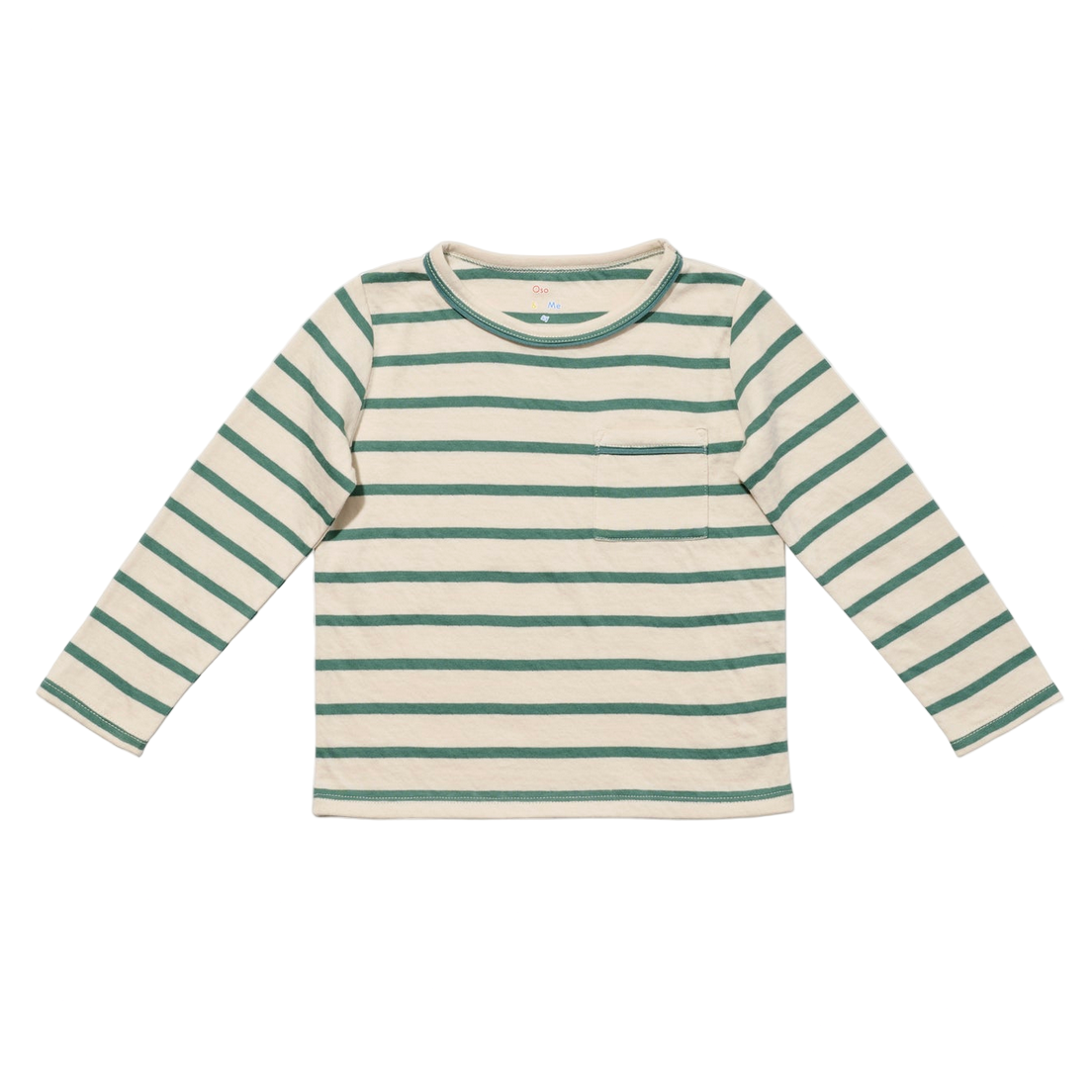 Striped long-sleeve shirt with green and white stripes on a white background — Little-ish