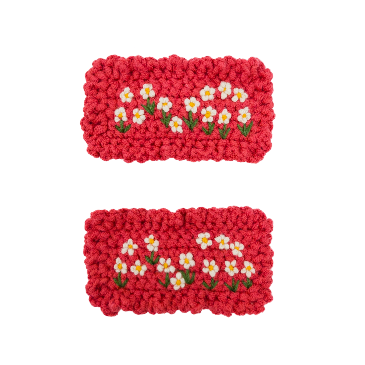 Two red crocheted coasters with floral patterns on a white background — Little-ish