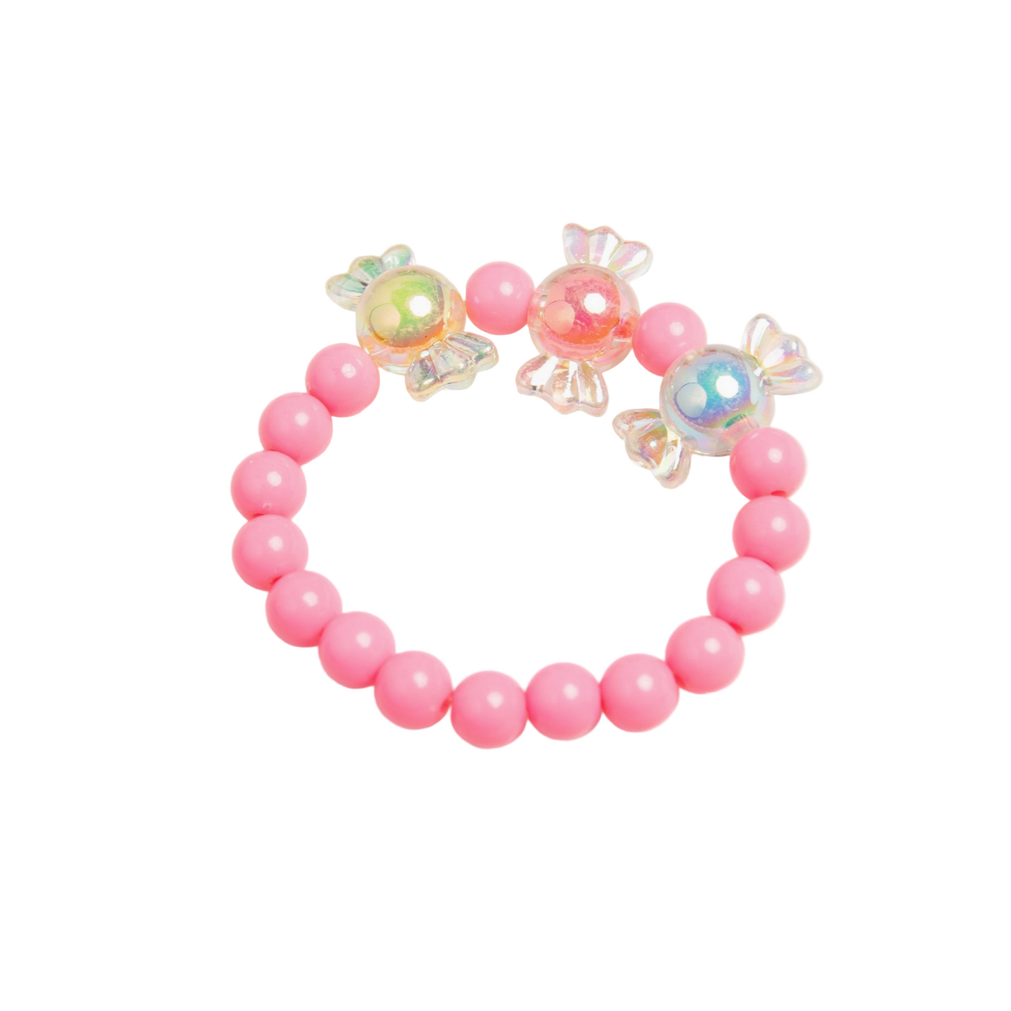 Pink beaded bracelet with decorative charms on a light gray background