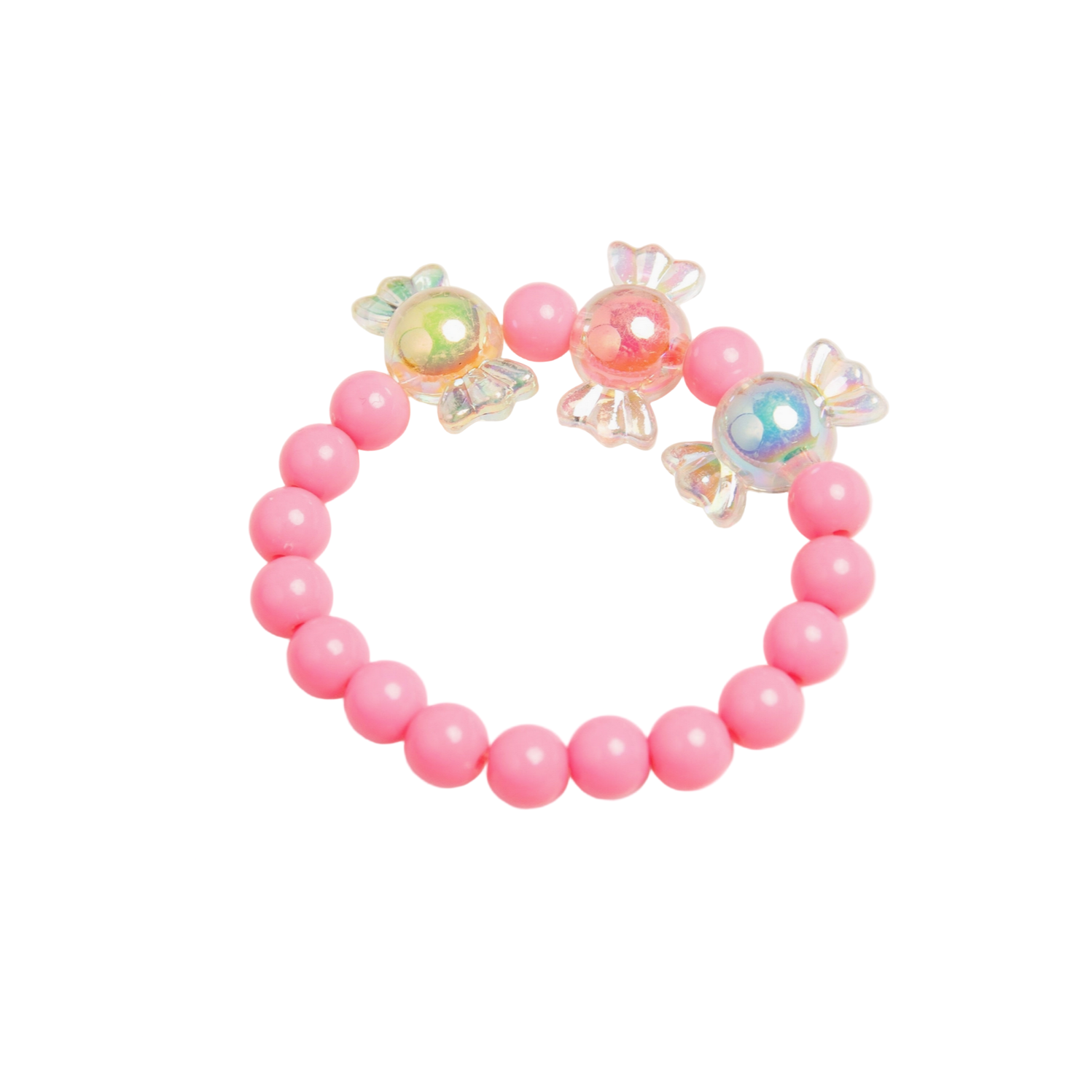Pink beaded bracelet with decorative charms on a light gray background