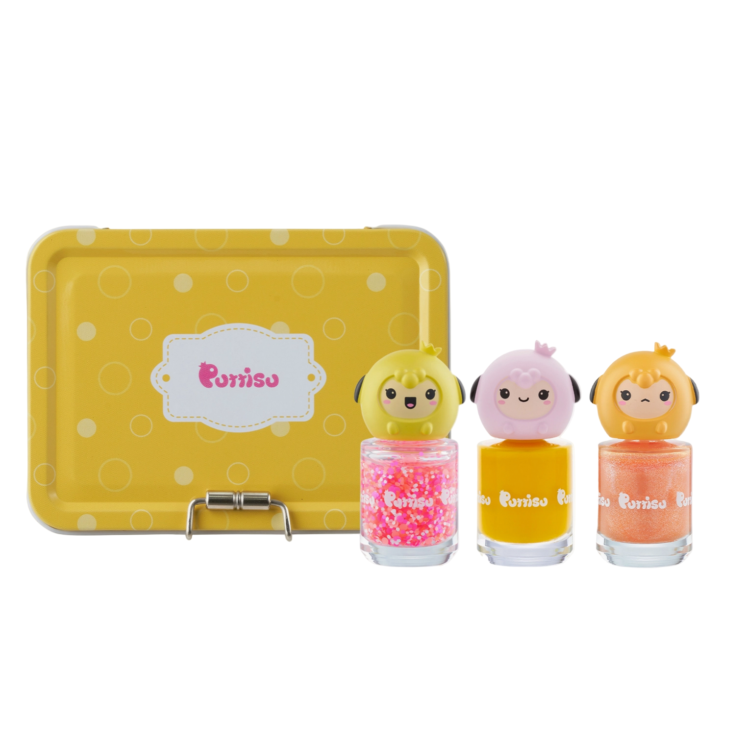Set of three small bottles with cartoon characters and a yellow tin labeled 'Pomelo' on a white background.