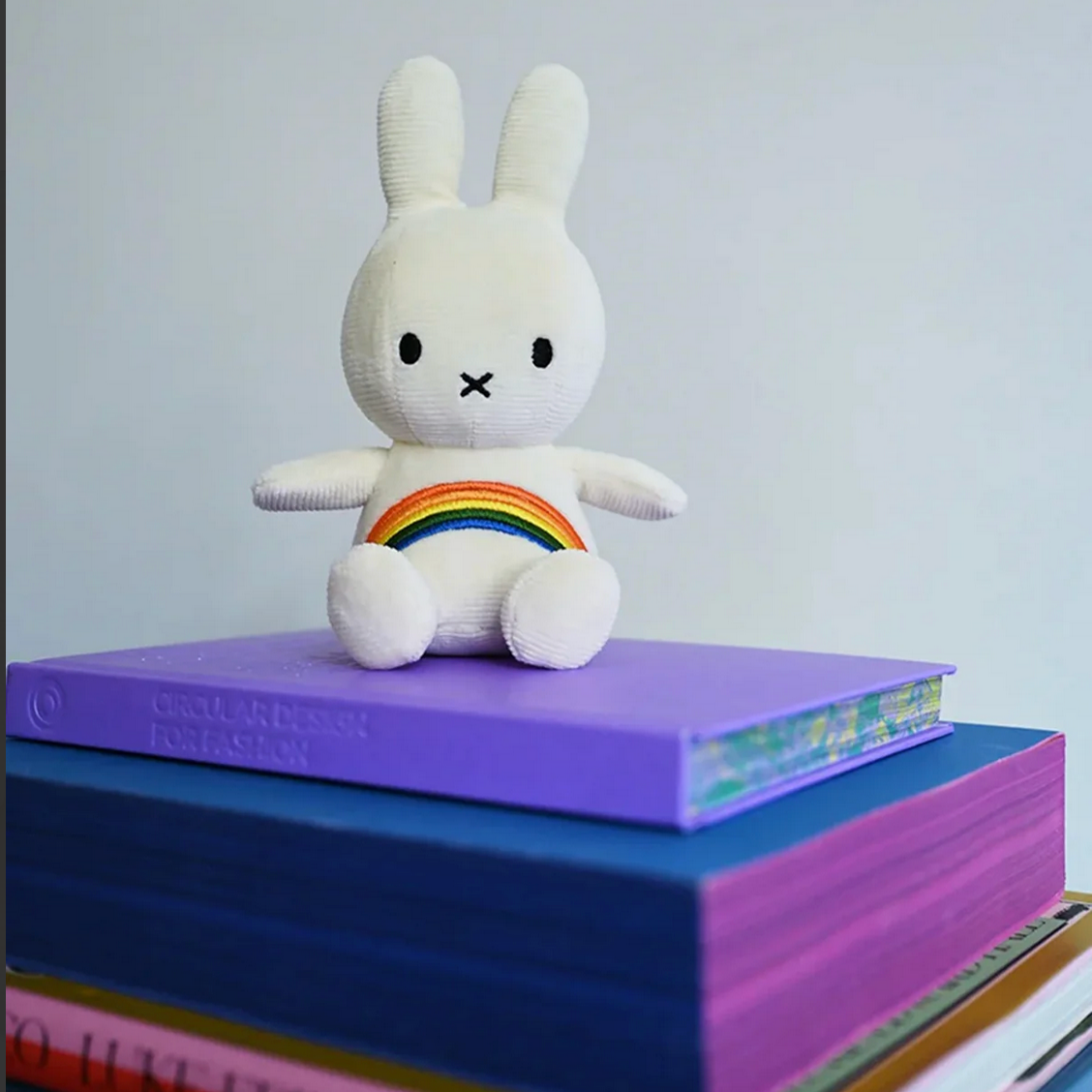 White plush toy with a rainbow on a stack of books against a light gray background