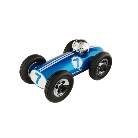 Blue toy race car with number 7 on a white background