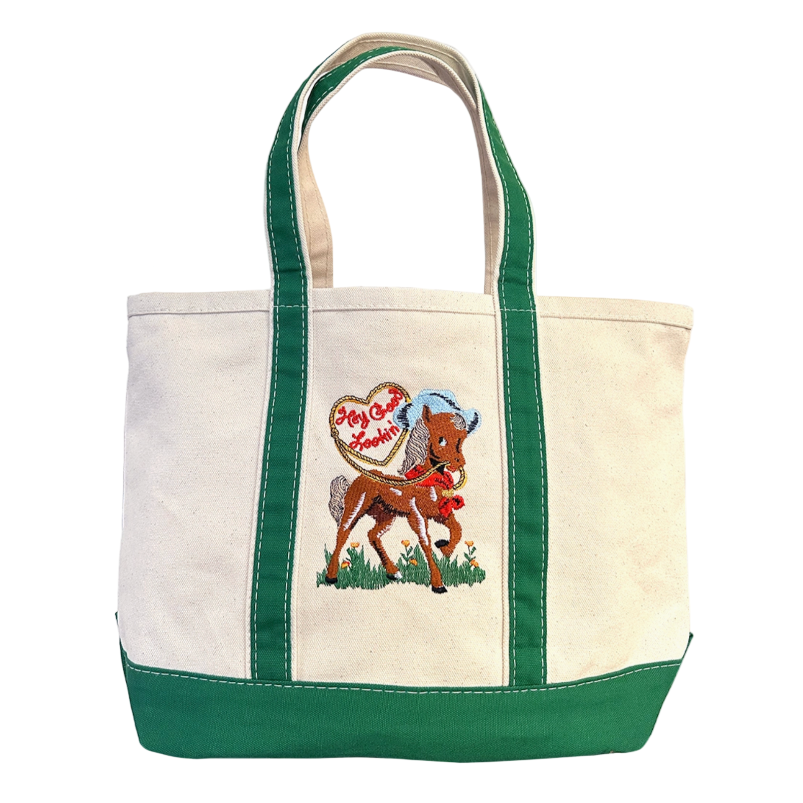Tote bag with embroidered horse design and text on a white background - Little-ish