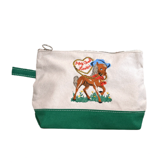 Canvas pouch with horse design and text on a white background