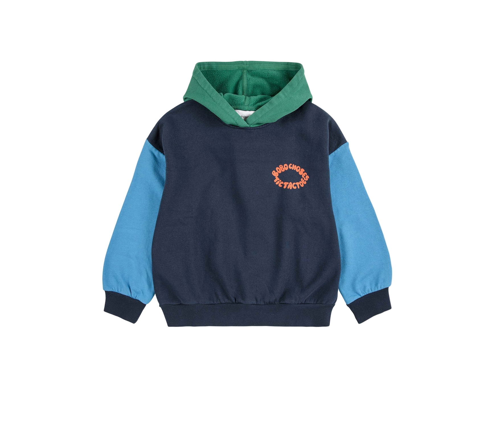 Navy and blue hoodie with green hood on a white background — Little-ish