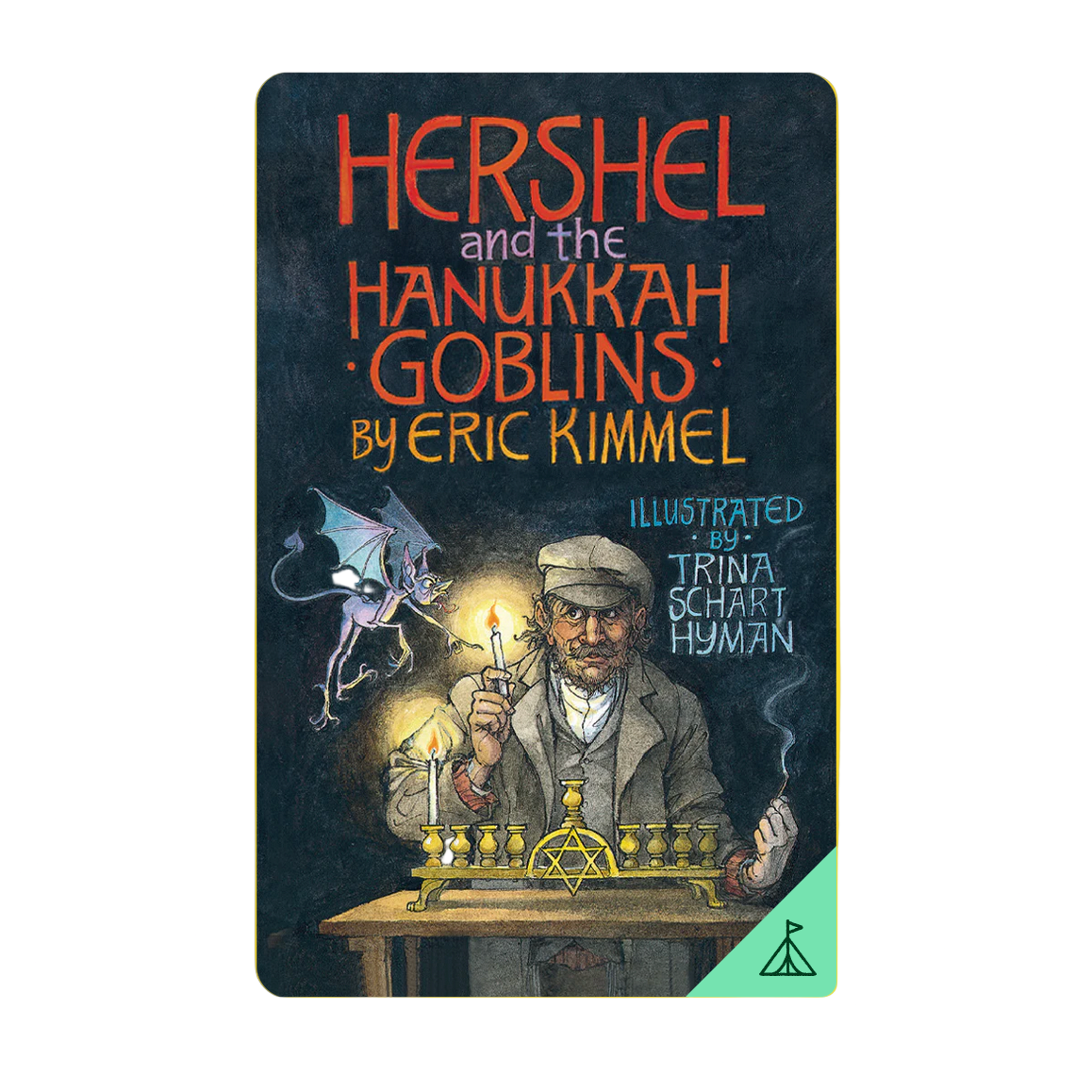 Book cover of 'Hershel and the Hanukkah Goblins' with a yellow background - Little-ish