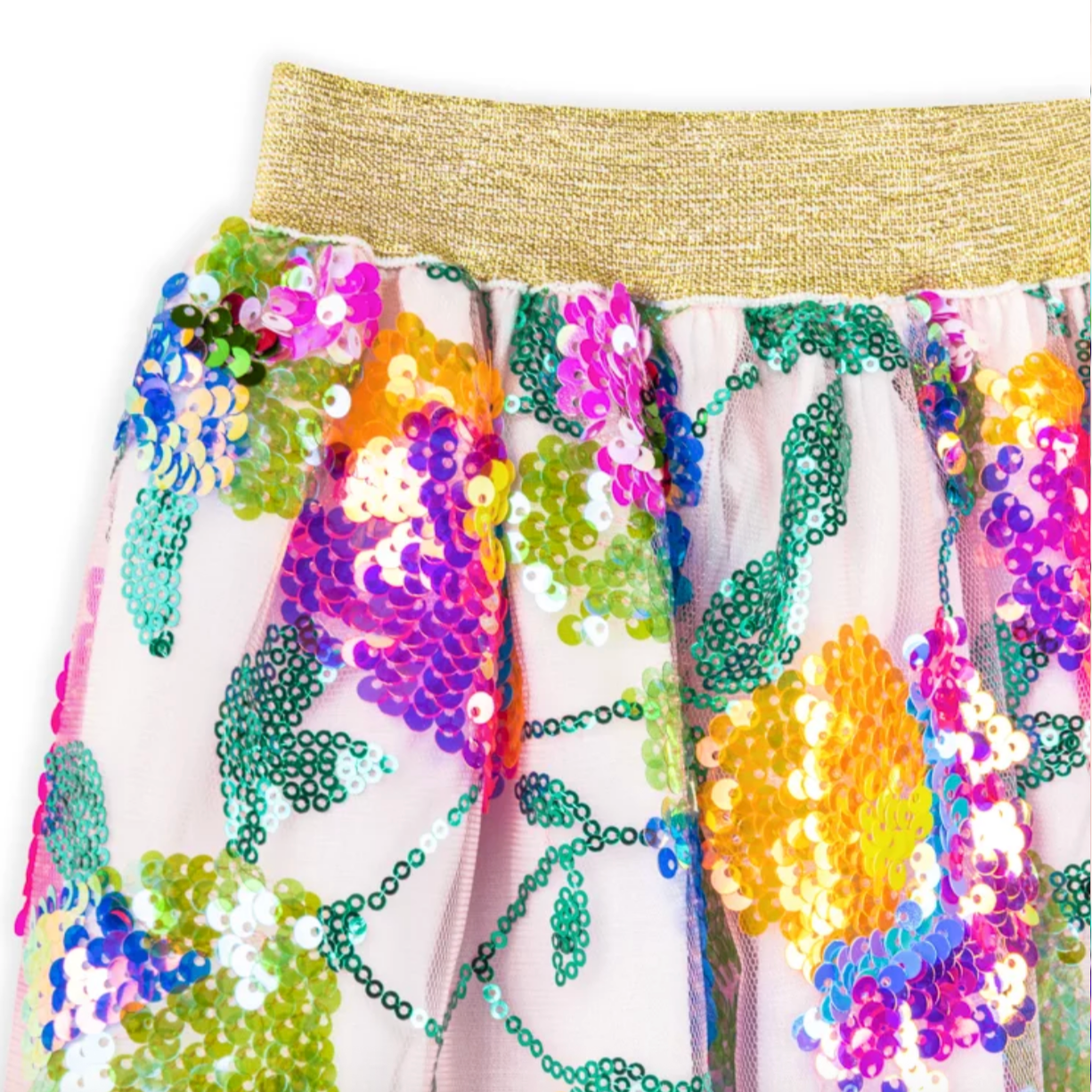 Colorful sequined fabric with a gold trim on a white background - Little-ish