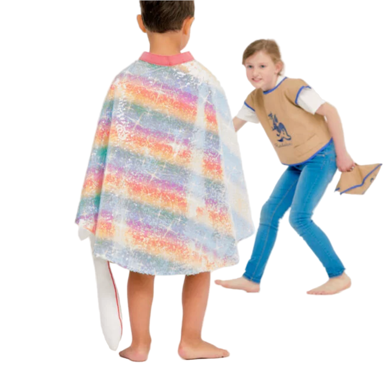 Two children playing with a colorful striped cape on a white background - Little-ish