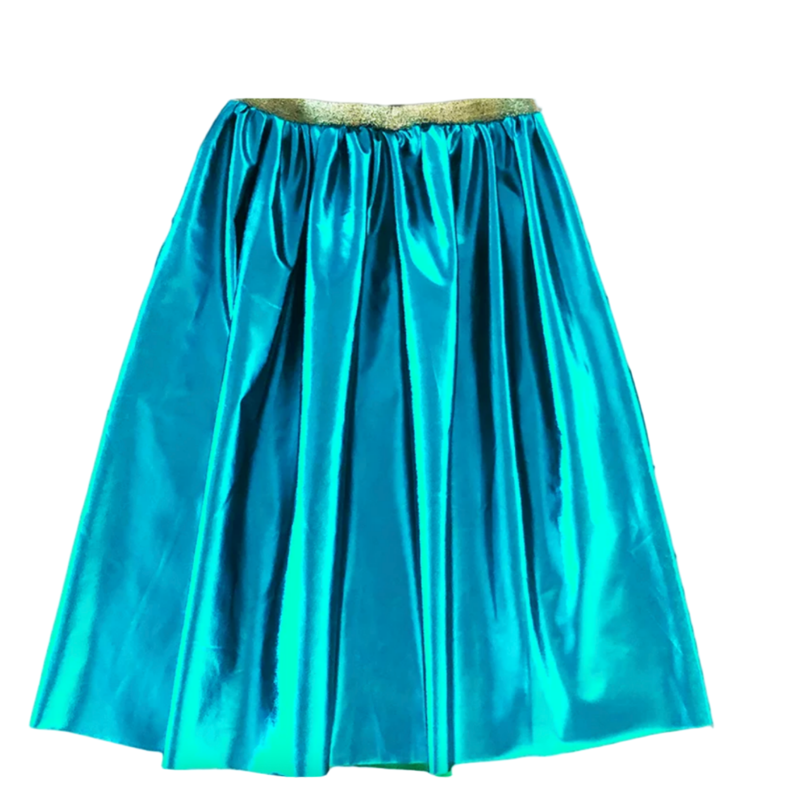 Turquoise skirt displayed on a website with a visible brand logo.