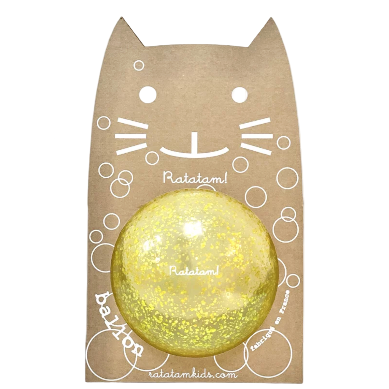 Yellow bath bomb in a cat-shaped packaging with 'Ratatam!' branding. - Little-ish