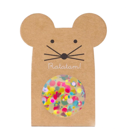 Cardboard mouse-shaped product with colorful confetti ball and 'Ratatam!' text on a white background.