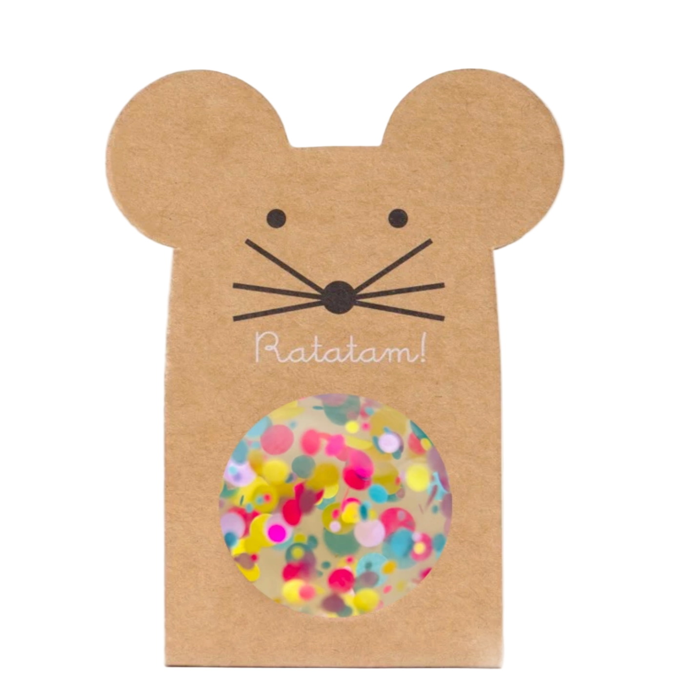 Cardboard mouse-shaped product with colorful confetti ball and 'Ratatam!' text on a white background. - Little-ish