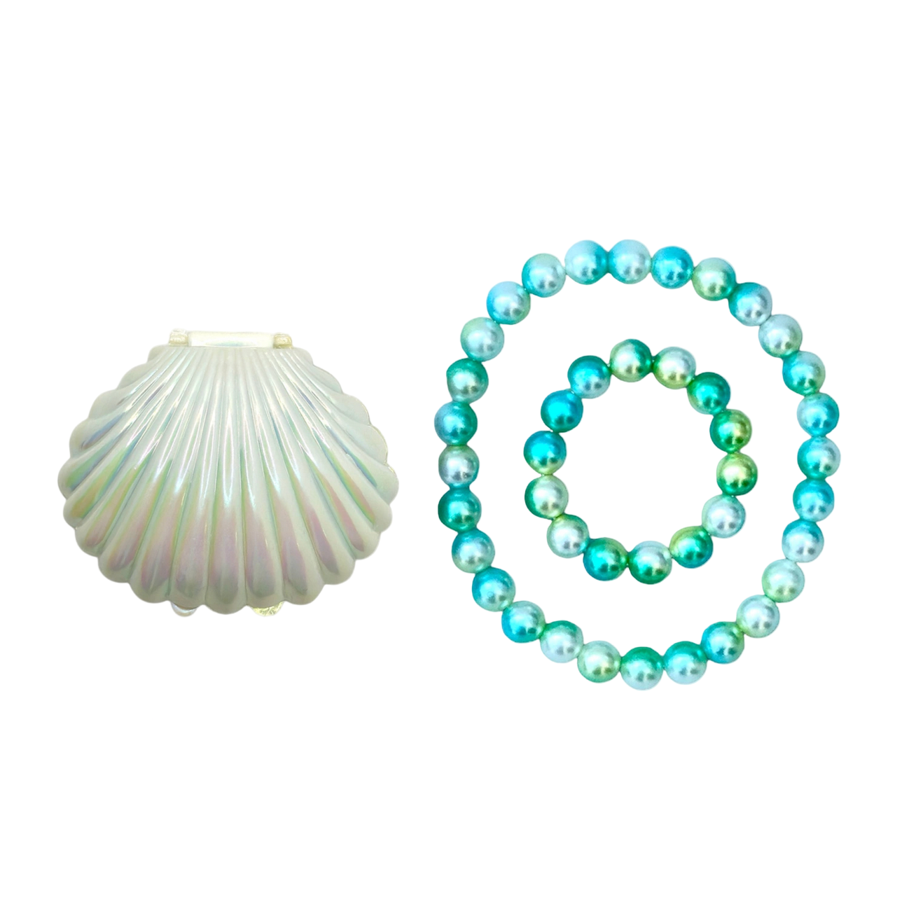 Shell and a bracelet with blue and green beads on a white background - Little-ish