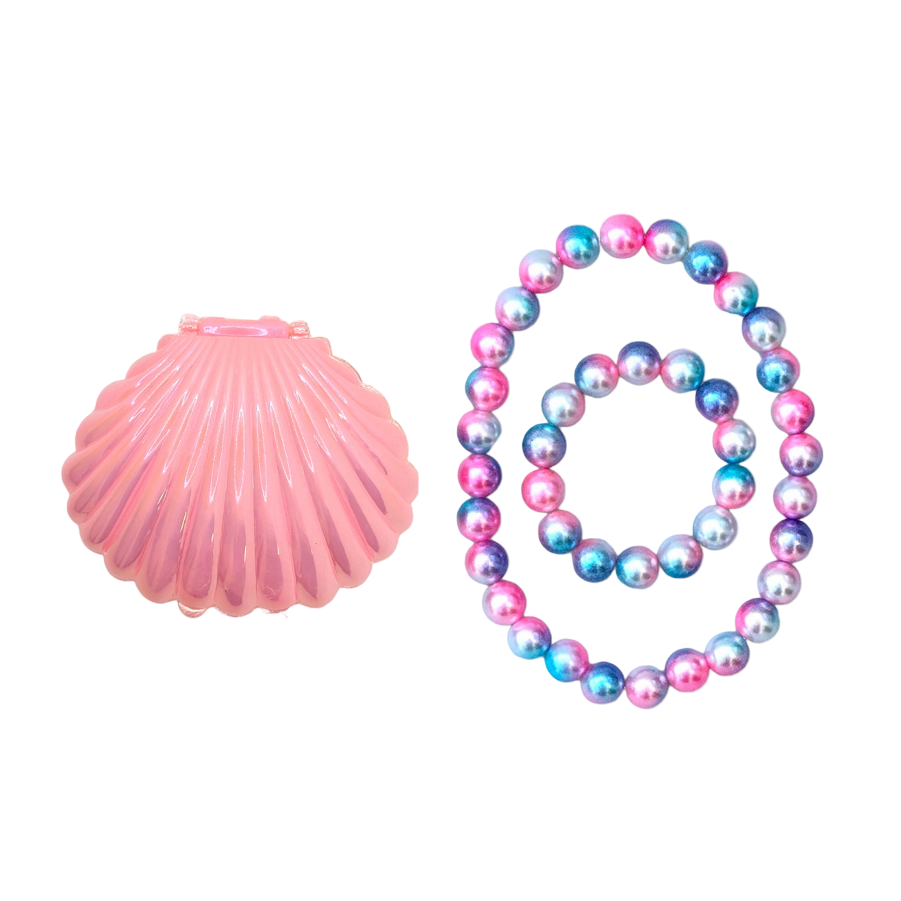 Pink shell and colorful beaded necklace on a white background - Little-ish
