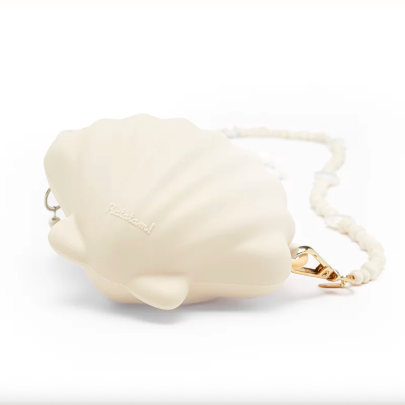 Cream-colored heart-shaped bag with gold chain on a white background - Little-ish