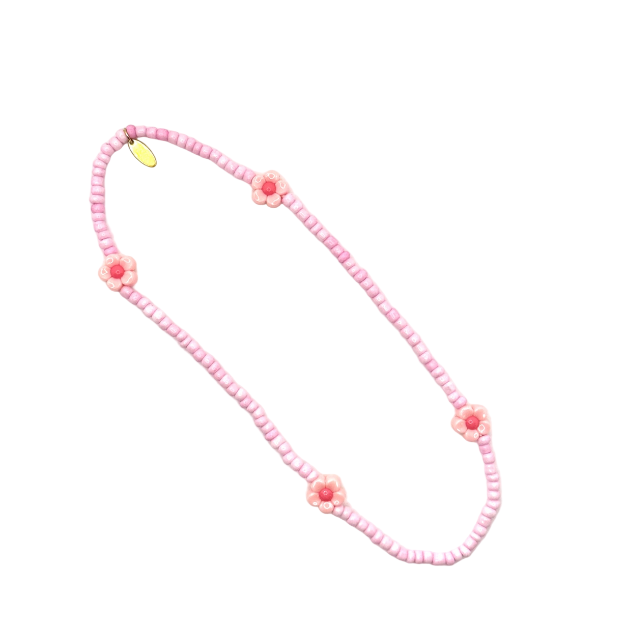 Pink beaded necklace with floral designs on a white background - Little-ish