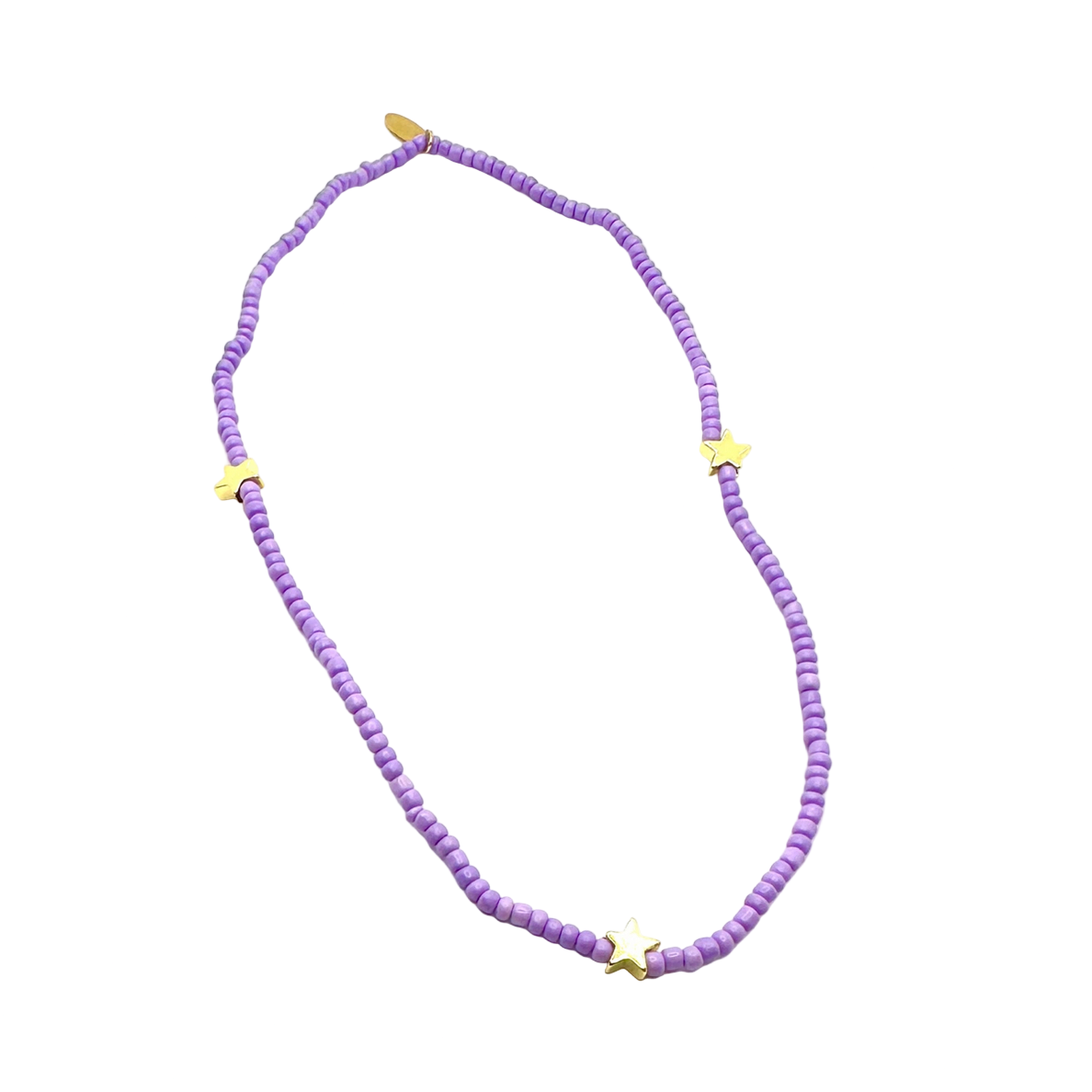 Purple beaded necklace with gold accents on a white background - Little-ish