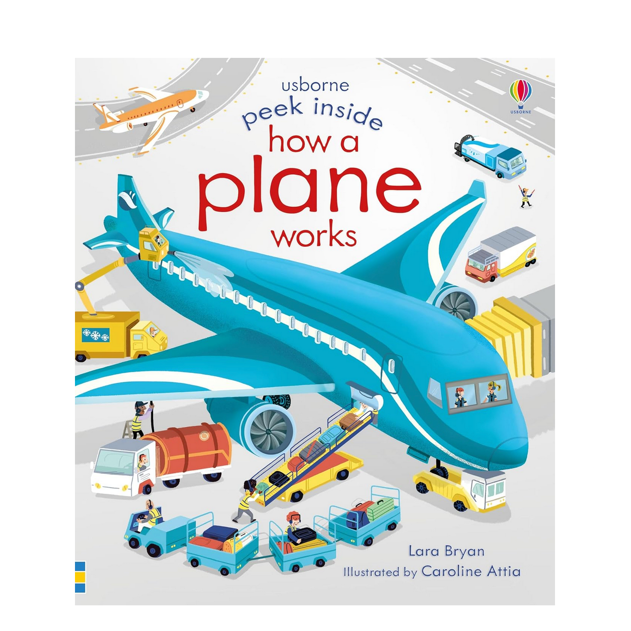 Book cover of 'How a Plane Works' by Usborne with illustrations of an airplane and related vehicles. - Little-ish