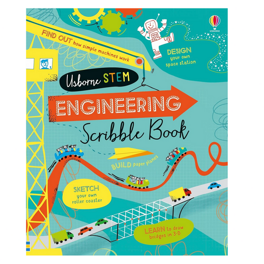 Book cover of 'Engineering Scribble Book' from Usborne with colorful illustrations and text.