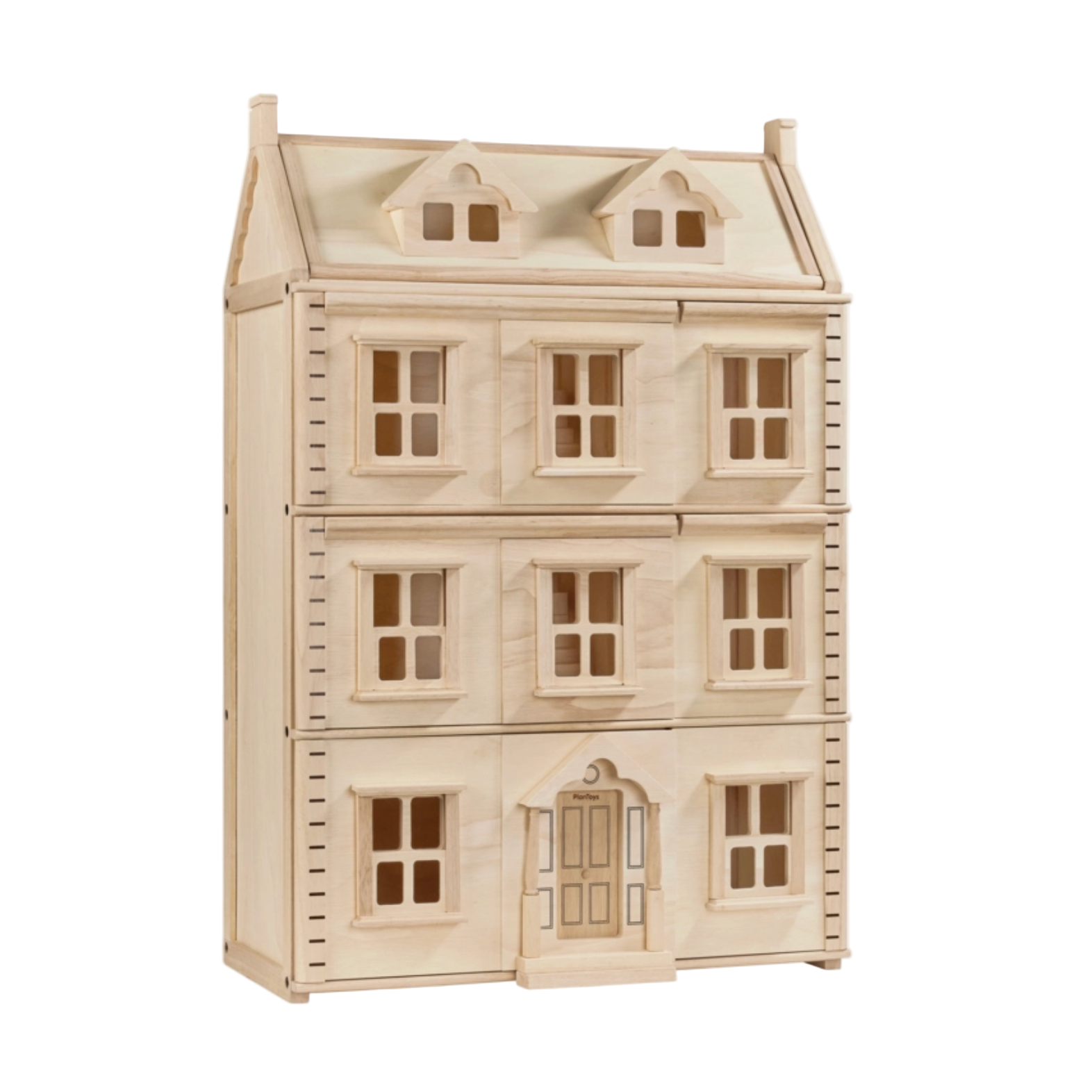 Wooden dollhouse with multiple windows on a white background - Little-ish