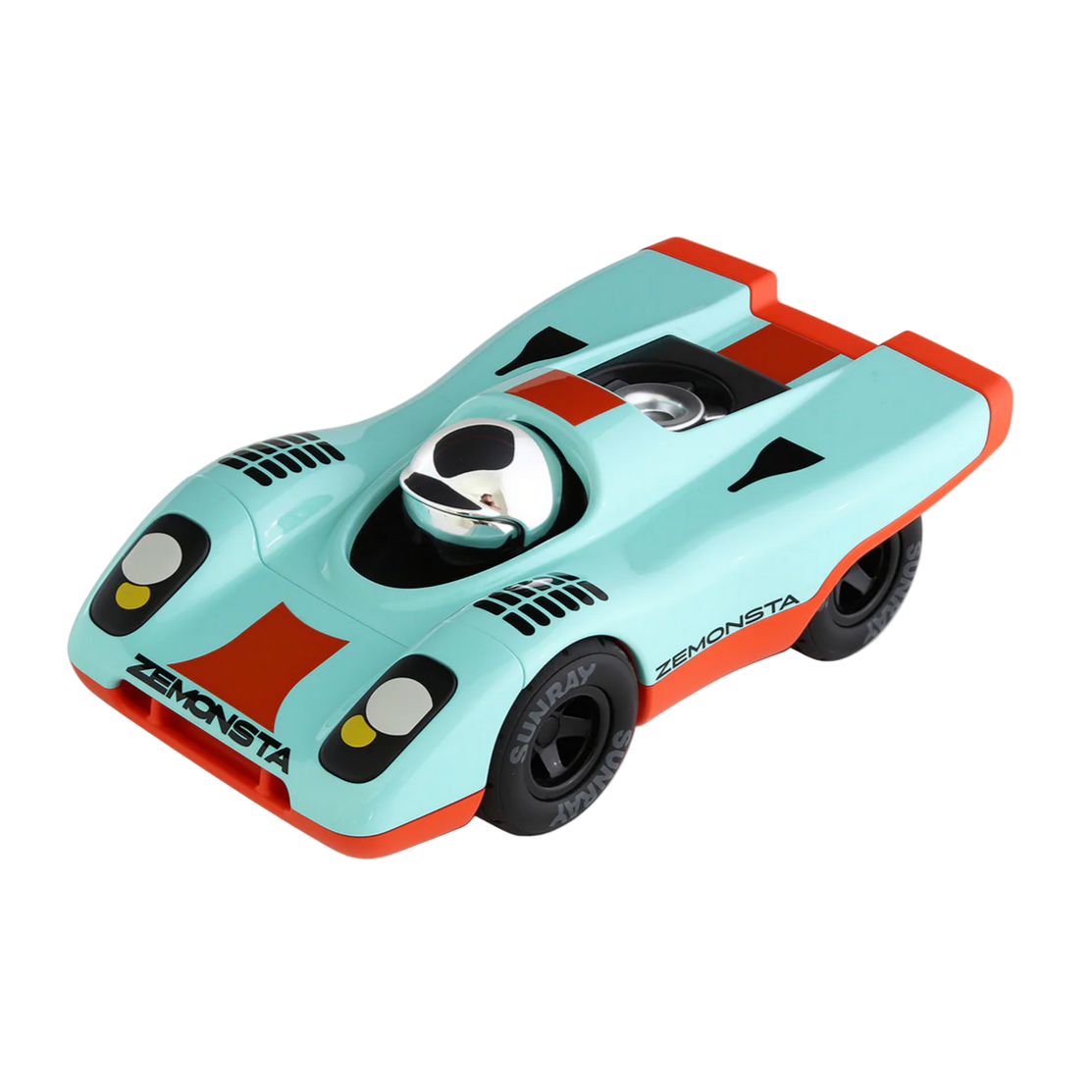 Toy race car with a light blue body and red accents on a white background - Little-ish