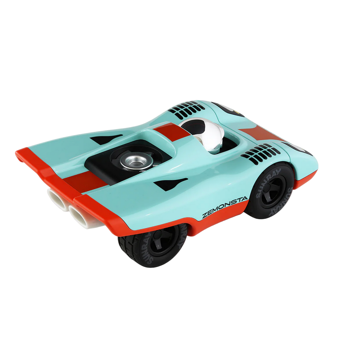 Toy car with a turquoise body and red accents on a white background - Little-ish
