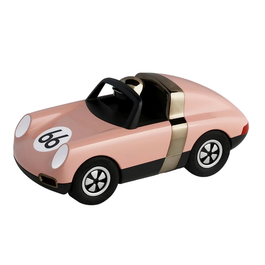 Pink toy car with black wheels and a gold stripe on a white background