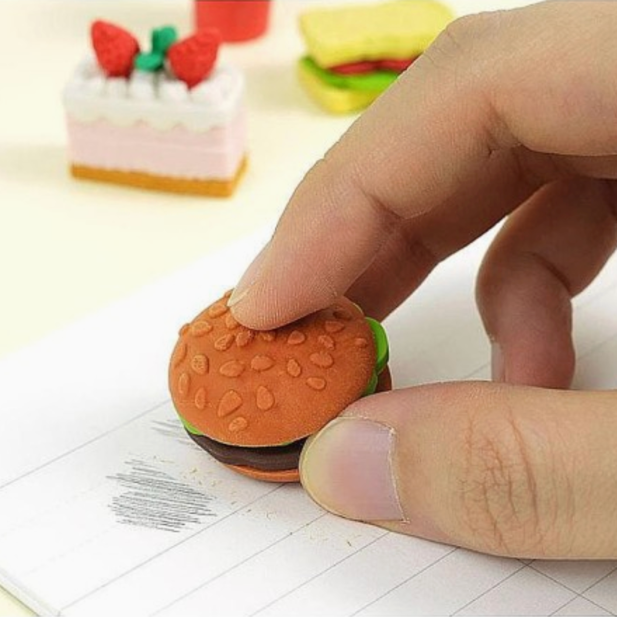 Hamburger-shaped eraser being used on a piece of paper with a blurred background - Little-ish