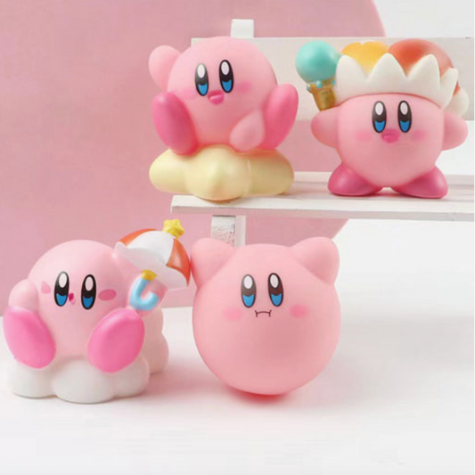 Four pink cartoon characters with blue eyes and colorful hats on a white shelf against a pink background