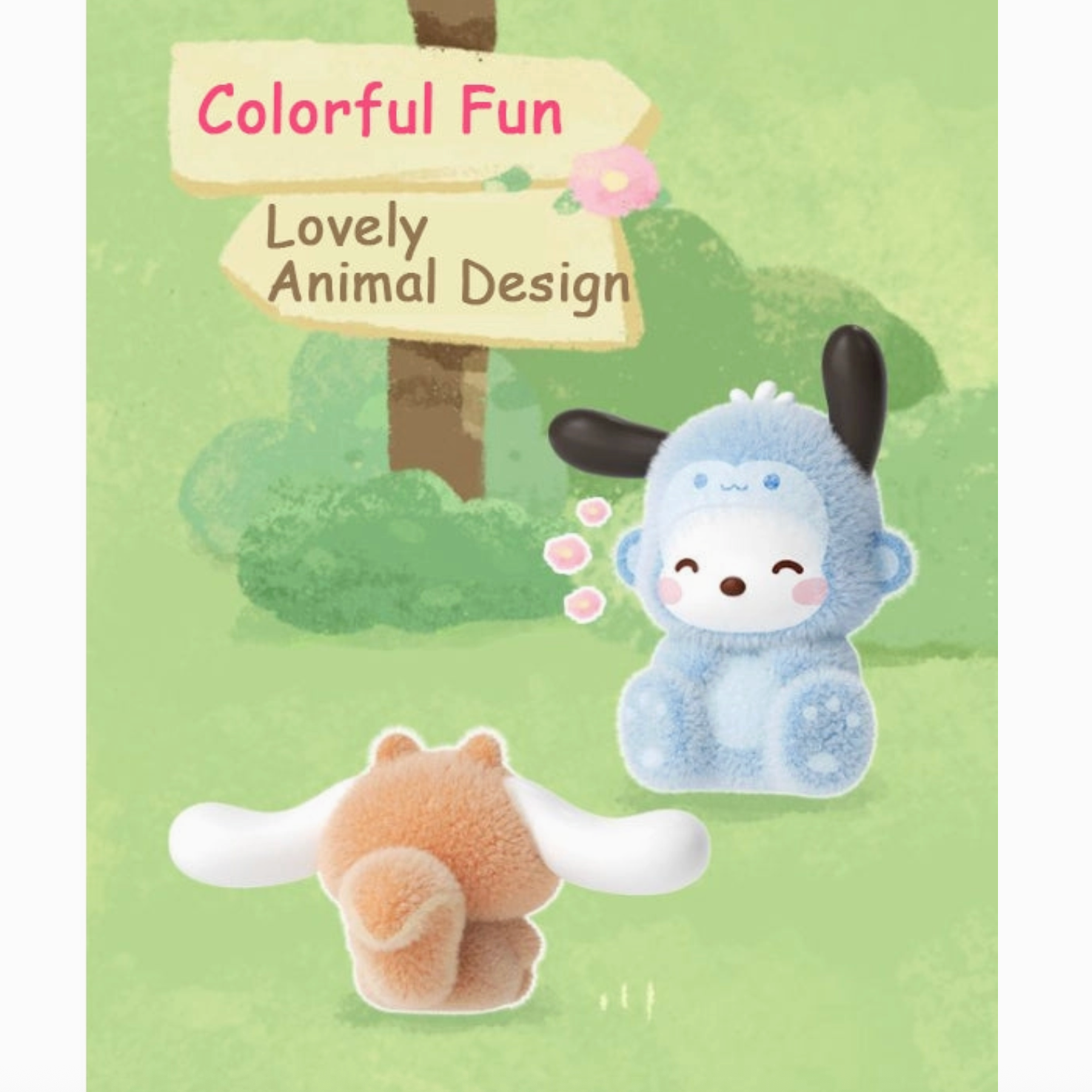 Plush toy with a blue and white design on a green background with text 'Colorful Fun' and 'Lovely Animal Design'.
