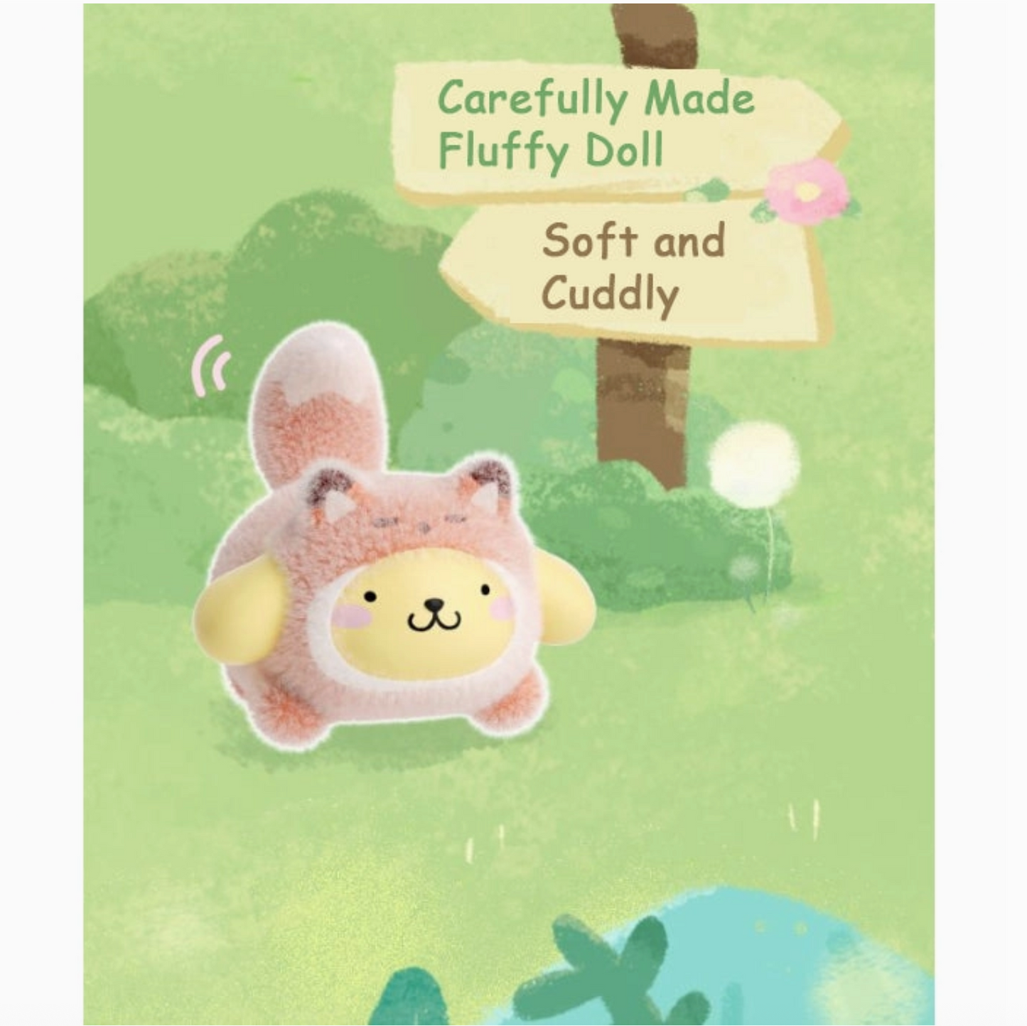 Fluffy doll with a sign indicating it is soft and cuddly on a green background