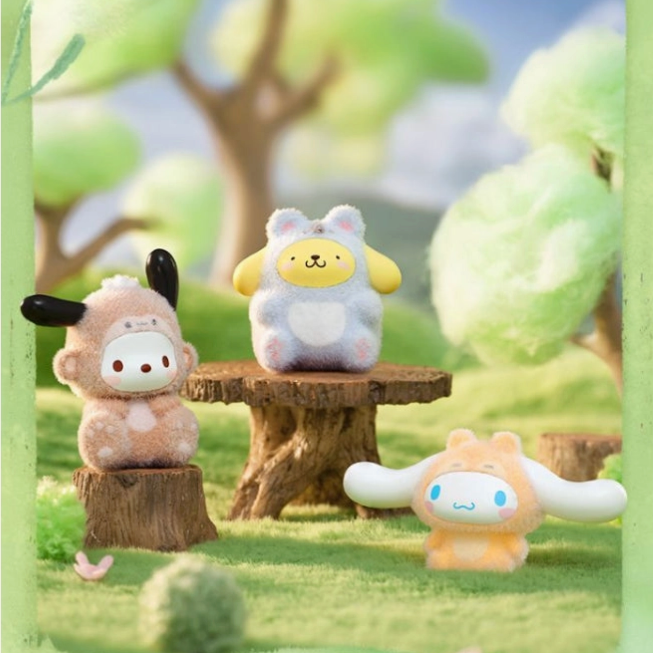 Three cute animal plush toys on wooden stumps in a forest setting