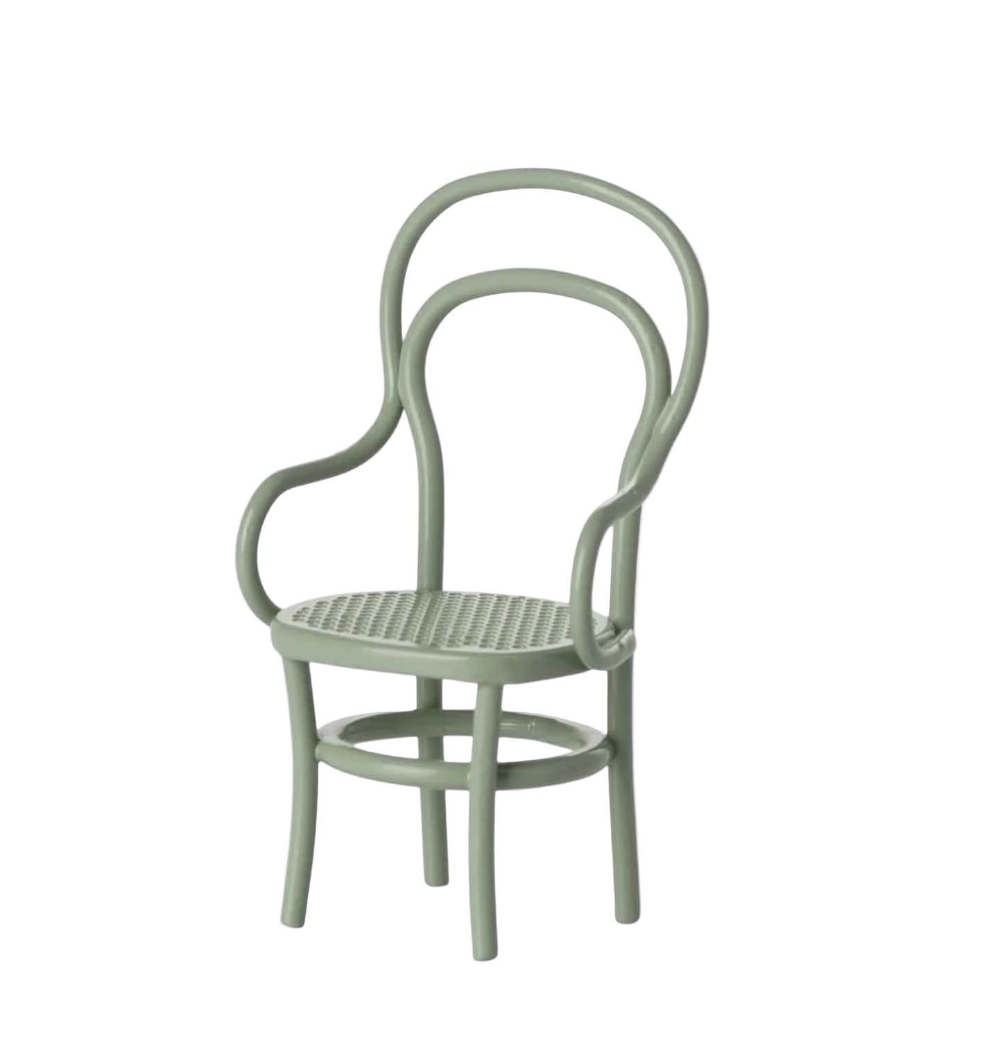 Light green chair with a woven seat on a white background
