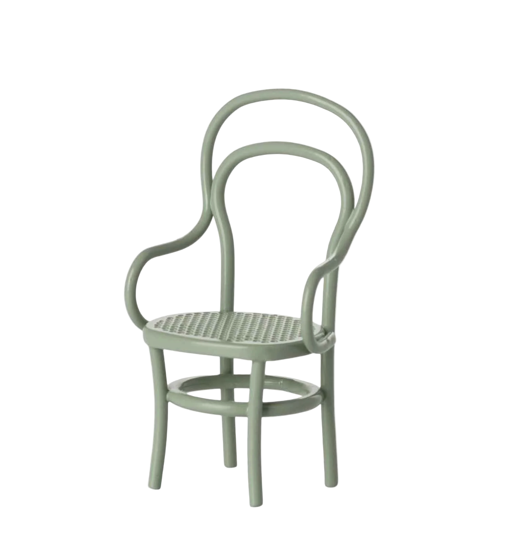 Light green chair with a woven seat on a white background